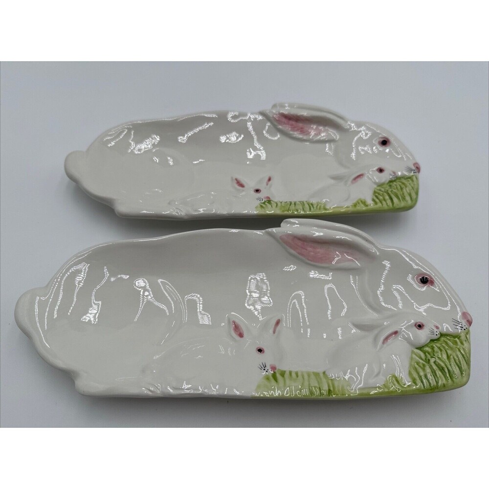 2 ZANOLLI HAND PAINTED IN ITALY RABBIT SHAPED SPOON REST / HOLDER / CANDY DISH